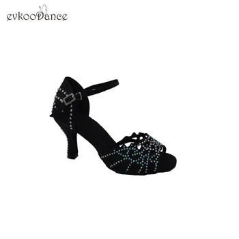 2020 г., Черные танцевальные туфли Evkoodance с кристаллами, атласные туфли для латиноамериканских танцев, 7 см, Новый стиль, профессиональные туфли для латиноамериканских бальных танцев