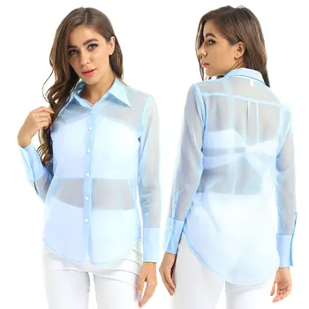 Женская модная полупрозрачная шифоновая блузка с отложным воротником, рубашки-халат с длинным рукавом, солнцезащитная сорочка для отдыха, блузы, топы