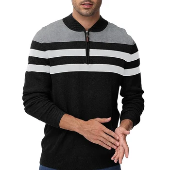 Мужские свитера с воротником-молнией 1/4, легкий повседневный пуловер поло в полоску, спортивные теплые мягкие кофты