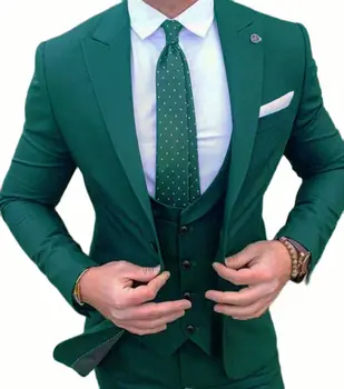 Смокинг, свадебный костюм для мужчин, зеленая одежда для вечеринок из 3 предметов, приталенное пальто для ужина, брюки