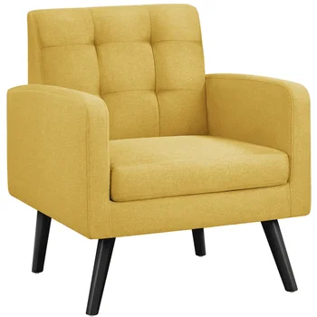 Современное акцентированное кресло с хохолком и ножкой из каучукового дерева для гостиной, желтого цвета