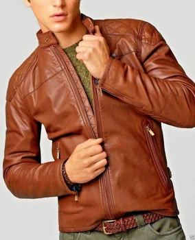 Мужская стильная куртка из натуральной овечьей кожи, мотоциклетное приталенное коричневое байкерское пальто