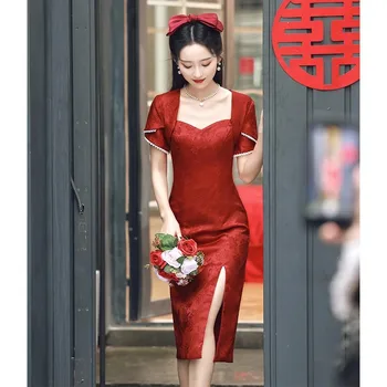 Yourqipao Улучшенная Одежда для Свадебных Тостов в Китайском Стиле Cheongsams 2023 Летнее Бордовое Традиционное Свадебное Платье для Помолвки