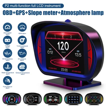 P2 OBD + GPS Двойная Система HUD Автомобильный Головной Дисплей Turbo Brake Тестовый Автомобильный Спидометр С Наклоном Измеритель Превышения Скорости Охранная Сигнализация