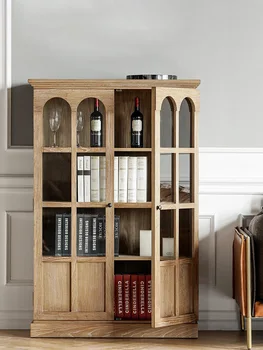Стеллаж для хранения мебели, Американский двухдверный винный книжный шкаф из массива дерева, Роскошный элегантный кабинет от пола до потолка