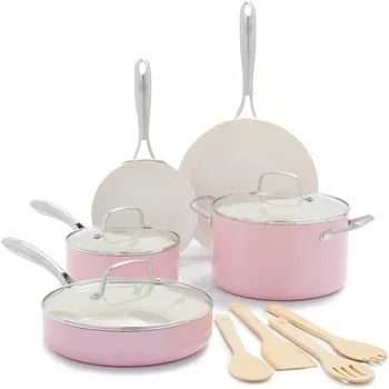 GreenLife Artisan, полезная керамическая посуда с антипригарным покрытием, набор посуды из 12 предметов, нежно-розовый.