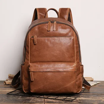Винтажный Мужской и женский Рюкзак для путешествий на открытом воздухе, Школьный рюкзак из воловьей кожи, Коричневая сумка для ноутбука на молнии, 14 дюймов, сумка для ноутбука