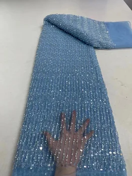 Африканская кружевная ткань, вышитая синими пайетками для жениха, Нигерийская кружевная ткань, Высококачественная кружевная ткань из французского тюля для свадьбы