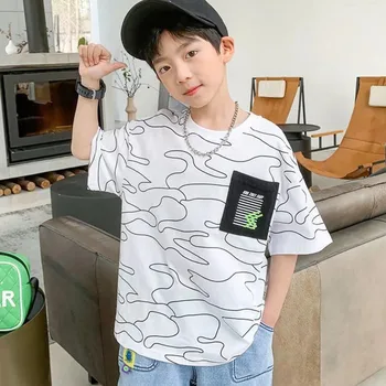 Новая детская футболка для летних мальчиков с корейским принтом и короткими рукавами, Домашний повседневный Свободный модный детский топ