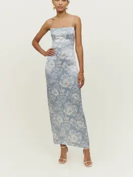 Шелковое атласное платье-слинг с французским цветочным принтом для женщин, Сексуальное приталенное Женское платье на подтяжках с разрезом сзади, халаты средней длины на лето
