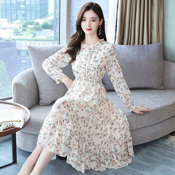 2023, Весна-осень, Новое свободное платье Модной корейской версии с круглым вырезом и длинным рукавом, Женская темпераментная юбка средней длины с принтом T666