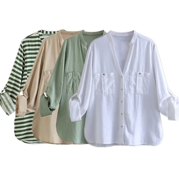 Jenny & Dave, однотонная модная блузка с карманами, Женская повседневная льняная рубашка с V-образным вырезом и закатанными рукавами, женские топы