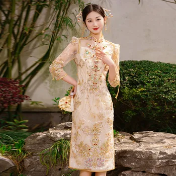 Вышивка золотистыми блестками цвета шампанского Cheongsam, китайская пара, Одежда для бракосочетания, костюм, свадебное платье с бисером и кисточками