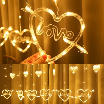 220V EU Plug Heart-Love Curtain Lights Светодиодные Гирлянды Ins Christmas Fairy Lights Outdoor для вечеринки Home Wedding Party Decor