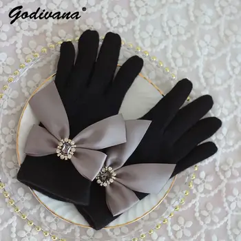 Зимние Шерстяные перчатки в стиле Японской Лолиты с бантом и стразами, Милые Шерстяные перчатки для вождения Для Девочек, Кашемировые женские перчатки