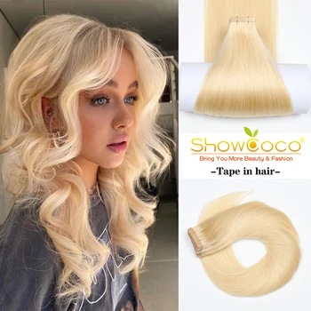 ShowCoco Двойная Волоченая лента для Наращивания Волос, Прямые Человеческие Волосы, 100% Европейский Натуральный Бесшовный Уток из кожи 14 