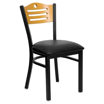 Серия металлических ресторанных стульев с черной спинкой-спинка из натурального дерева, черное виниловое сиденье