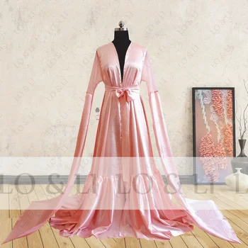 LO & LI Real Shoot Розовое атласное платье-халат для женщин, Свадебный утренний халат, платья-ночнушки для новобрачных с длинным рукавом и поясом на заказ