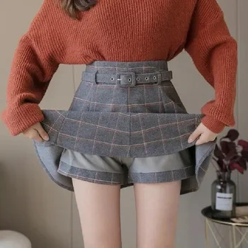 Клетчатая юбка в корейском стиле, шорты, мини-юбки трапециевидной формы с высокой талией, женские кавайные осенне-зимние шерстяные короткие юбки с поясом