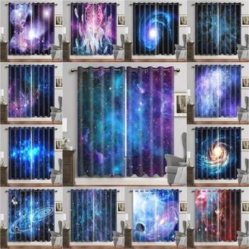Фиолетовые Оконные шторы Galaxy с Проушиной для Космической планеты, Затемняющие шторы со Звездами Вселенной, Шторы для спальни, Звездный лес, Cortinas 2шт