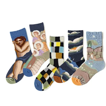 Модные Спортивные Хлопчатобумажные носки Унисекс с геометрическими нитями и забавным принтом, средние красочные носки в уличном стиле, Комплект из 5 пар