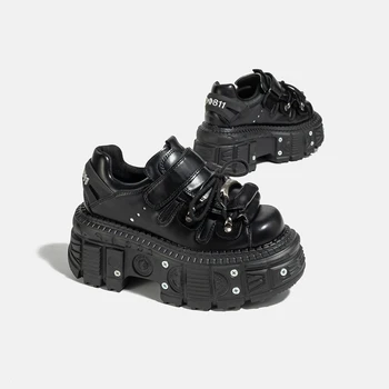 Изготовленные вручную темно-металлические туфли в стиле панк Y2g на увеличенной платформе, готические туфли на шнуровке в стиле маффин
