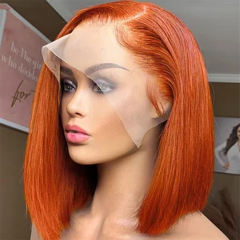 Оранжевый Рыжий Прямой Парик Боб 13x4 Прозрачный Кружевной Парик Имбирный Парик из человеческих волос Спереди Для женщин Бесклеевой Парик из человеческих волос