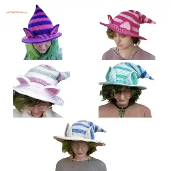 Шляпа ведьмы с ушками, вязаная крючком, кепка для костюма на Хэллоуин