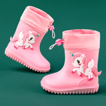 Новые модные розовые непромокаемые ботинки с единорогом, детская водная обувь для девочек, детские синие непромокаемые ботинки для мальчиков-астронавтов, детская водонепроницаемая обувь