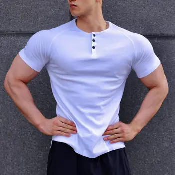 Летняя мужская спортивная футболка, модная хлопковая футболка для фитнеса, повседневная однотонная футболка с пуговицами для спортзала, футболки в тонкую полоску с коротким рукавом, топы