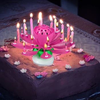 Свеча для торта, электронная Вращающаяся декоративная свеча в виде лотоса, включая 14 свечей для декора детского дня рождения