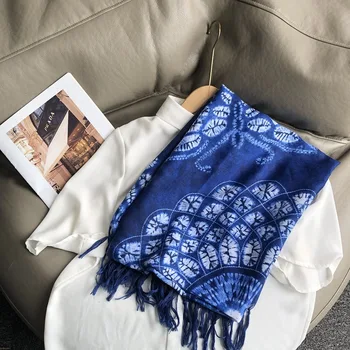 Весенне-осенний вощеный винтажный синий шарф из хлопка и льна, женская летняя шаль для кондиционирования воздуха, длинный шарф с кисточками в этническом стиле