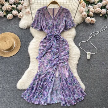 Французское Плиссированное Платье с Цветочным Принтом 
