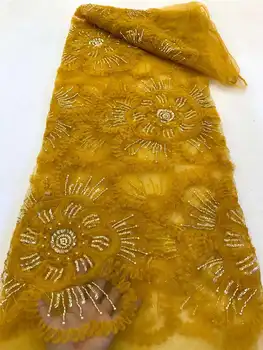 Роскошная Африканская Расшитая блестками Золотая Кружевная ткань С бисером 2023 Высокого Качества 5 Ярдов, Нигерийские Сетчатые материалы, вышитые тяжелыми бусинками