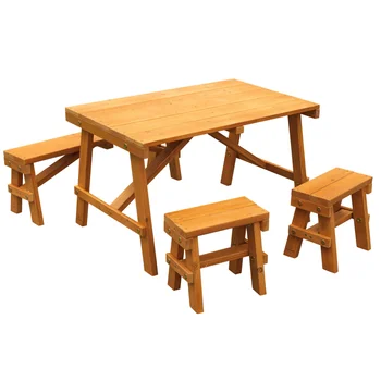 Деревянный уличный стол для пикника с тремя скамейками, Детская мебель для патио, янтарь
