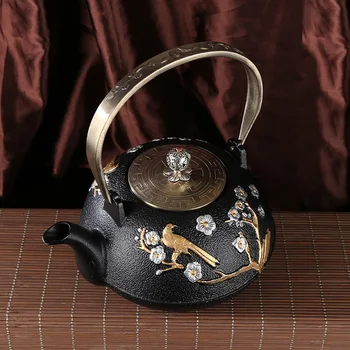 Железный чайник в японском стиле Без покрытия Ручной работы, Ретро Сосна, цветок сливы, Черный Нежный Декоративный бытовой чайник для Приготовления Чая