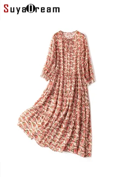 SuyaDream/ Женские Длинные платья с цветочным рисунком из 100% Шелкового крепа с круглым вырезом и принтом, Платье трапециевидной формы, 2023, Весенне-летняя одежда в пляжном стиле, Розовый