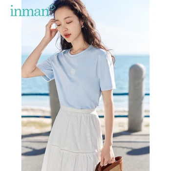 Женская футболка INMAN 2023 Лето, Короткий рукав, Круглый вырез, Свободные футболки с океанским узором, вышивка блестками, Абрикосово-синие топы