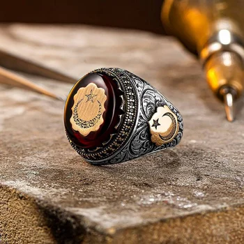 Винтажное металлическое турецкое мужское кольцо с печаткой, инкрустированное красным камнем, деловое мужское кольцо