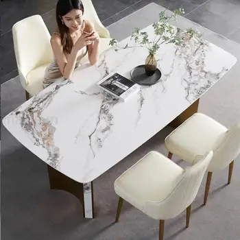 Кухонный обеденный стол в центре Из углеродистой стали в золотой раме толщиной 10,55 мм, Обеденный стол из каменной плиты с круглым углом, Мраморная мебель