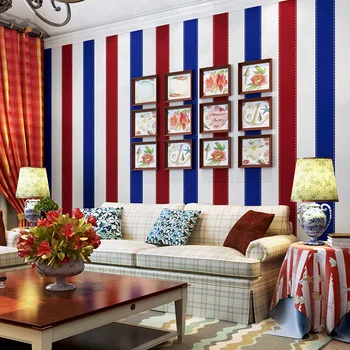 Обои в европейском и американском стиле, европейский стиль, ретро, спальня для мальчика, красные и синие вертикальные полосы, обои в британском стиле