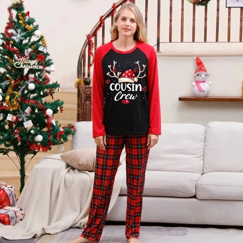 Рождественская пижама для мамы и дочки, Рождественская пижама для мамы и детей, Baby Me, в клетку, красный, черный, для семейных пар, комплект одинаковой одежды с длинным рукавом