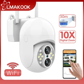 LMAKOOK 4-мегапиксельная двухобъективная WiFi Камера Наружного видеонаблюдения с 10-кратным цифровым зумом, Полноцветная камера видеонаблюдения Ночного видения