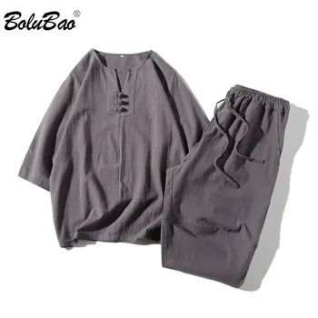 Комплект летних хлопчатобумажных льняных рубашек BOLUBAO, Мужской повседневный уличный костюм из 2 предметов, Удобные дышащие пляжные комплекты с коротким рукавом, мужские