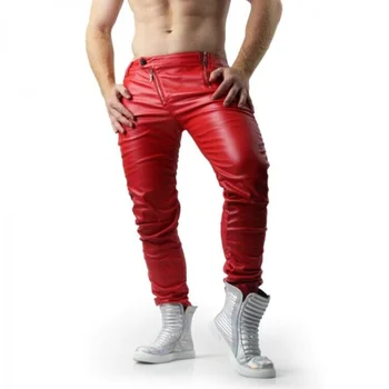 Кожаные брюки, мужские брюки, черные байкерские джинсы с карманами, женские красные европейские и американские модные тренды