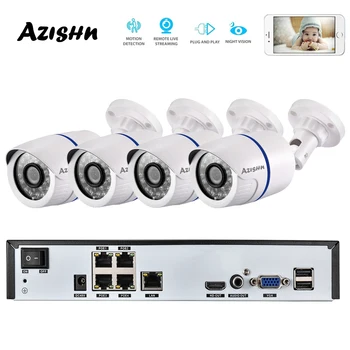 AZISHN 4CH H.265 + 1080P 48V POE 2MP NVR Система Видеонаблюдения Наружная Безопасность 1080P IP-камера P2P Система Видеонаблюдения NVR Комплект