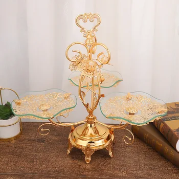 Золотая трехголовая кружевная корзина для фруктов в европейском стиле, миска для фруктов, украшения для семейной гостиной в отеле