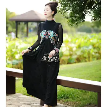 2023 китайское винтажное платье без рукавов с вышивкой, весеннее новое элегантное женское длинное повседневное платье в китайском национальном стиле s282