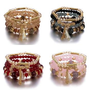 4 шт., новый набор браслетов с очаровательными бусинами-кисточками для женщин, разноцветный браслет-цепочка из стеклянных бусин, женские богемные ювелирные изделия
