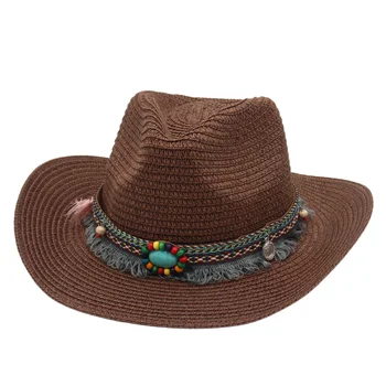 Соломенная Ковбойская летняя Солнцезащитная шляпа в западном стиле, Женская Богемная панама с изумрудной кисточкой, украшенная пастушкой, Ретро-Рыцарские шляпы для мужчин